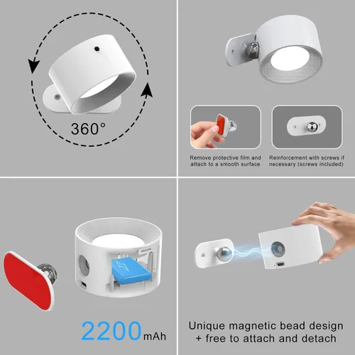 Vista 6 de Deyagoo 2PACK Lámpara de pared LED con control remoto - Lámpara de pared recargable, 3 colores y 3 niveles de brillo, cabezal giratorio magnético
