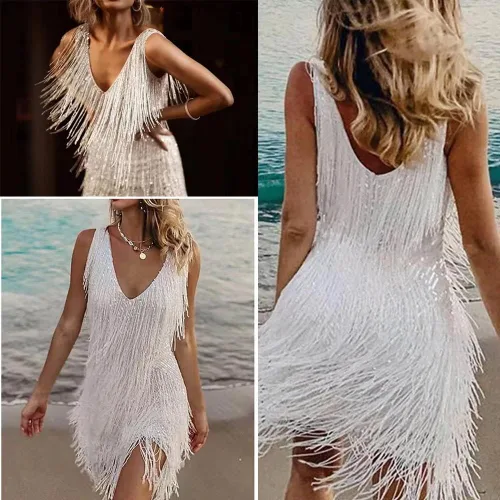 Vista 5 de ZYXZHXhxll Vestido sexy de princesa con cuello en V, sin mangas, sin espalda, con borlas, lentejuelas