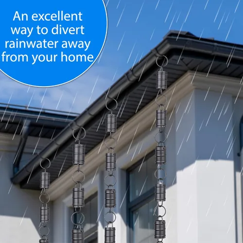 Vista 2 de RainChains Pacific - Cadena de lluvia de tres rayas de aluminio negro de 8.5 pies, cadenas de lluvia para canalones, cadena de canaleta decorativa