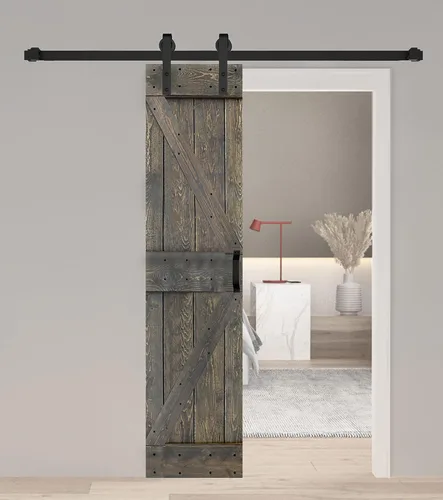 Vista 38 de Serie K. Puerta corredera de granero de madera maciza acabada con kit de herrajes (marrón/nogal, 24 x 84 pulgadas)