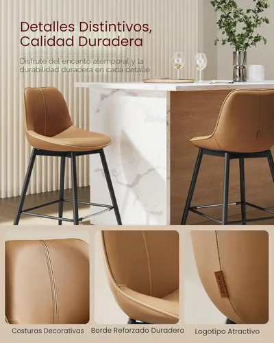 Vista 9 de VASAGLE Juego de 2 Taburetes de Bar, Taburetes de Bar de Altura de Mostrador con Respaldo, Respaldo Ergonómico, Cuero Sintético, Patas de Metal