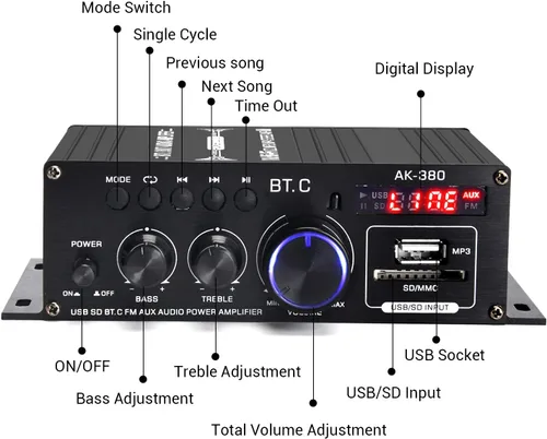 Vista 6 de AK-380 Bluetooth 5.0 Amplificador de audio para el hogar, máximo 400W+400W 2.0CH HiFi Stereo con fuente de alimentación de 12 V 5 A, receptor