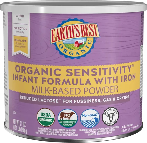Earth's Best Fórmula orgánica para bebés con sensibilidad, Fórmula para bebés de 0 a 12 meses, lactosa reducida, hierro, Omega-3 DHA, Omega-6 ARA,
