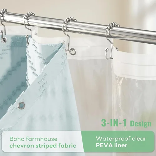 Vista 148 de Dynamene - Cortina de ducha de tela bohemia con rayas con chebrón en relieve, juego de cortina angosta para baño, media cortina impermeable