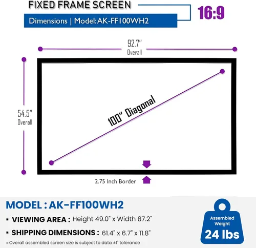 Vista 2 de Akia Screens Pantalla de proyector de marco fijo de 100 pulgadas, proyector Ultra HD 16:9, 8K/4K y listo para 3D, pantalla de proyección