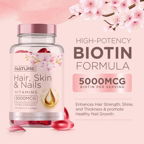 Vista 3 de Vitaminas para la piel y las uñas – 5000 mcg de biotina con vitamina C, E, colágeno, ácido hialurónico, argán y aceite de coco – Delicioso
