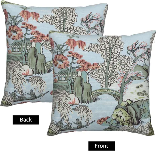 Vista 6 de Juego de 2 fundas de almohada florales bohemias de 16 x 16 pulgadas, fundas de almohada de lino con estampado de bloques azules estilo campestre