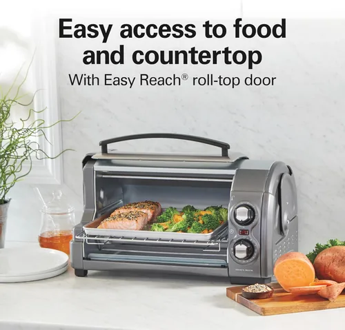 Vista 2 de Horno tostador Hamilton Beach Easy Reach para encimera, 4 rebanadas, con puerta enrollable, 1200 vatios, para pizza de 9 pulgadas, 3 funciones