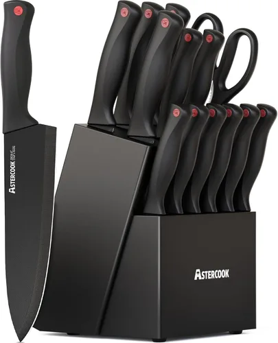 Astercook - Juego de cuchillos de 15 piezas para cocina con bloque, juego de cuchillos de cocina aptos para lavavajillas con bloque afilador