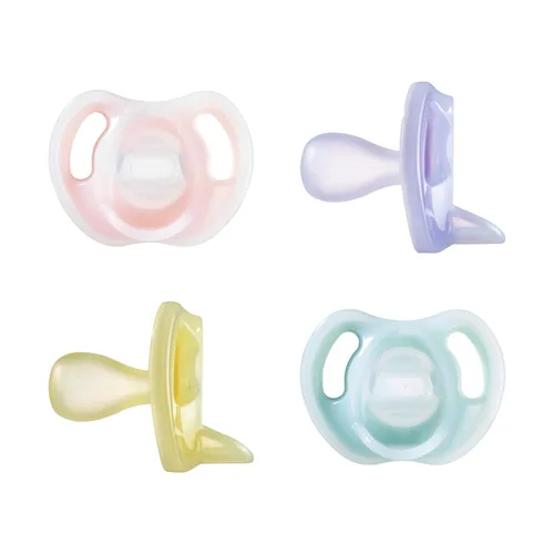 Vista 9 de Tommee Tippee - Chupete de silicona ultra ligero, 0-6 meses, diseño simétrico de una pieza, chupetes libres de BPA, rosa/morado/verde, paquete de 4