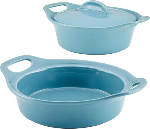 Vista 8 de Rachael Ray Solid Glaze Ceramics - Juego de utensilios para hornear/panadería con tapa compartida, 3 piezas, azul agave