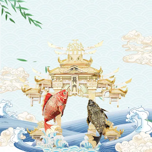 Vista 2 de Piececool Kit de modelos de rompecabezas de metal 3D, modelos de carpas de Dragon Gate, kit de construcción para adultos, rompecabezas 3D