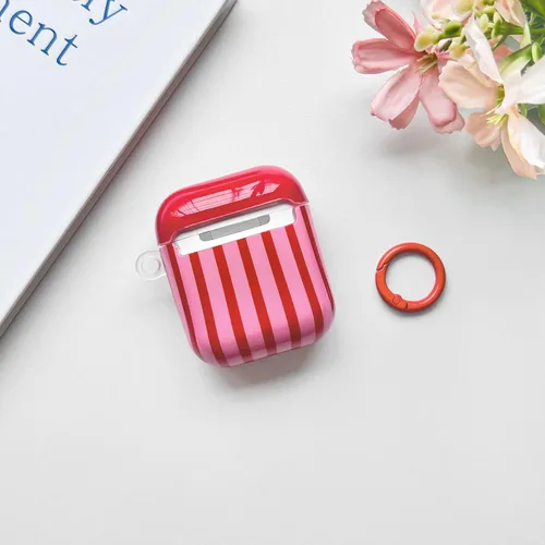 Vista 6 de Lovmooful Funda compatible con AirPods 2ª/1ª, linda funda colorida a rayas con diseño de hebilla redonda para mujeres y niñas, funda protectora