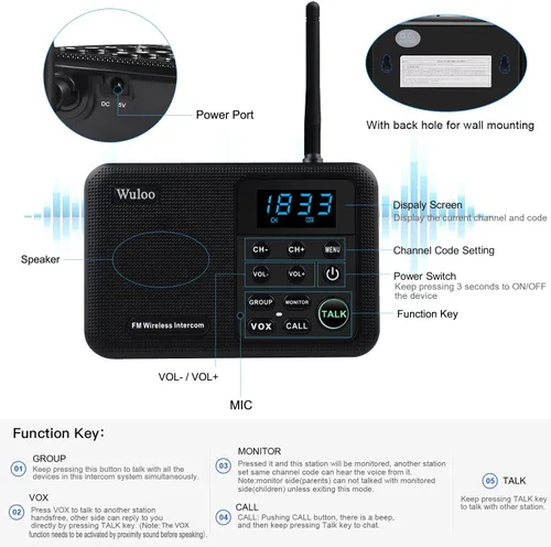 Vista 5 de Ampliable para Wuloo Intercomunicadores inalámbricos para el hogar WL888, rango de 1 milla 22 canales 100 código digital