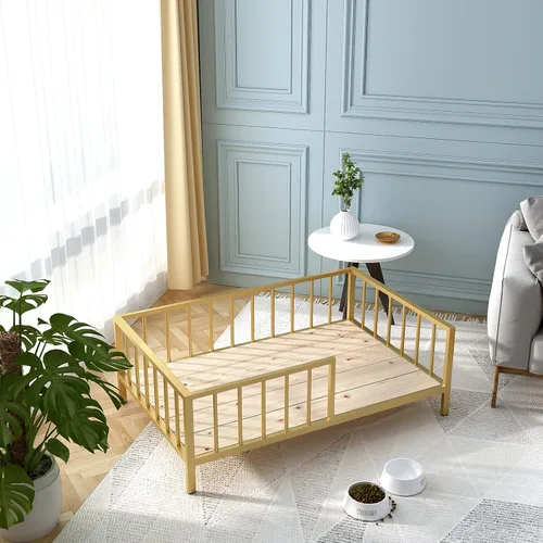 Vista 6 de OSCHF Cama para perros con rieles, marco de cama elevado de metal para mascotas con tablero de madera maciza y tapete suave lavable para perros