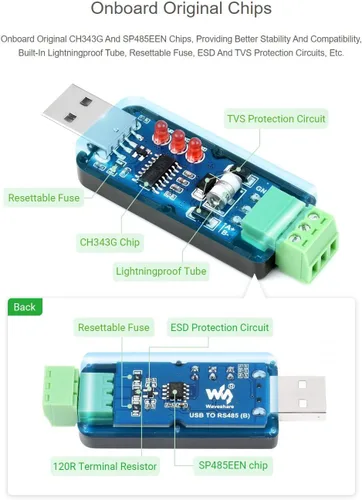 Vista 6 de waveshare USB industrial al convertidor bidireccional RS485 a bordo de circuitos múltiples CH343G originales