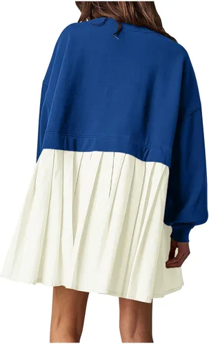 Vista 5 de Vestido tipo sudadera con hombros caídos para mujer, de gran tamaño, plisado, holgado, manga larga, minivestido sin botones
