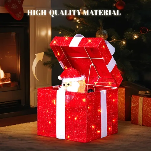 Vista 2 de VINGLI Caja de regalo iluminada roja de 12 pulgadas, muñeco de nieve iluminado, Papá Noel, decoración eléctrica de Navidad, luces LED
