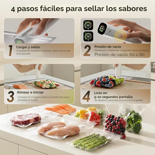 Vista 6 de Sellador al vacío compacto para alimentos (máquina selladora al vacío + 30 bolsas de vacío reutilizables) Potente máquina selladora al vacío