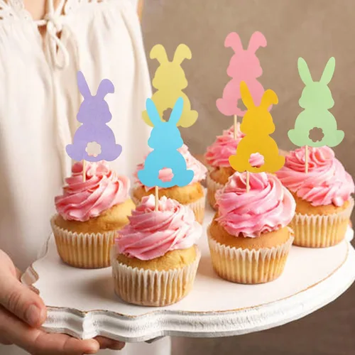 Vista 4 de Ercadio 24 piezas coloridas de doble cara para conejos de Pascua para cupcakes de conejito de Pascua, decoración de pasteles, conejo, baby shower