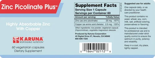 Vista 2 de Karuna Picolinato de Zinc Plus 60 cápsulas vegetarianas 25 mg más 2.5 mg de cobre para uso equilibrado a largo plazo Apoyando la función