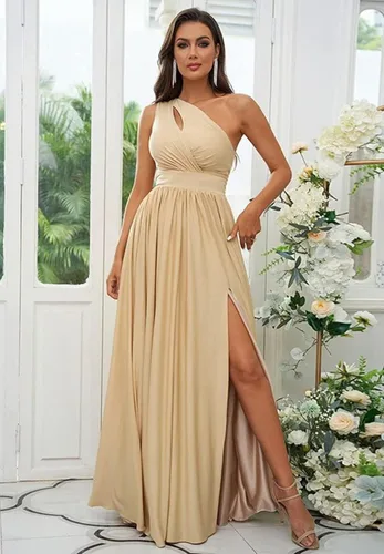 Vista 4 de VCCICANY Women's One Shoulder Bridesmaid Dress with Slit Long Pleated Chiffon Prom Gown