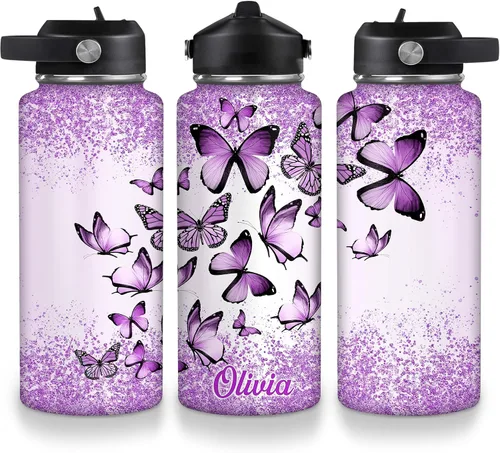 Hyturtle Botella de agua personalizada de mariposa, botella de acero inoxidable aislada con nombre personalizado con tapa a prueba de fugas, 18