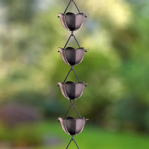 Vista 2 de Monarch Rain Chains Cadenas de lluvia negras de loto de aluminio para canaletas – Extensión de 3 pies de extensión negra Cadena de lluvia decorativa