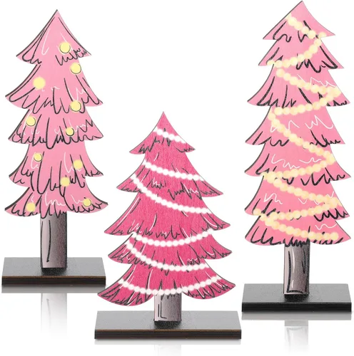 Vista 8 de Meooeck 3 piezas de árboles de Navidad de madera verde, blanca y roja, decoración rústica de Navidad, centros de mesa para mesas con base