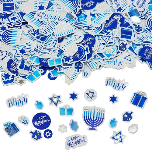 Vista 4 de 300 piezas de confeti de papel de Hanukkah, confeti de mesa de Hanukkah, Januka, Menorá festivo, regalo Dreidel y diseños de la estrella de David