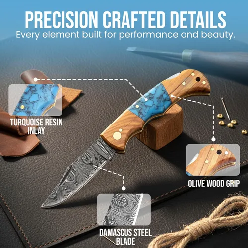 Vista 4 de Navaja de bolsillo de damasco personalizada con funda - Navaja de bolsillo grabada con láser, regalo para hombres, navaja personalizada