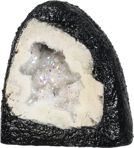 Vista 9 de TUMBEELLUWA Decoración de piedra de geoda de cristal con revestimiento de titanio irregular, espécimen de racimo de roca de arco iris natural