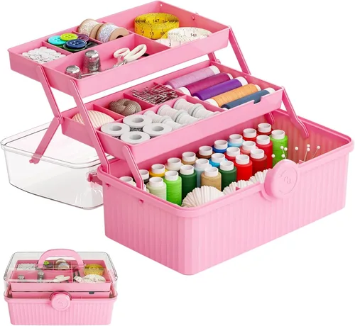 Vista 12 de Caja de plástico de 3 capas para manualidades y caja de herramientas para manualidades, caja de almacenamiento de plástico multiusos con asa