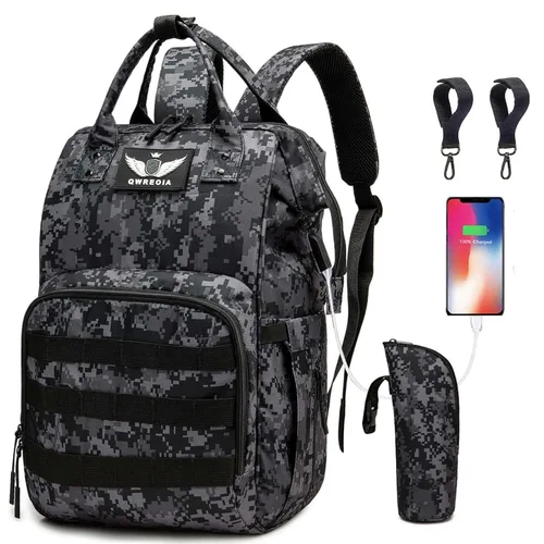 Vista 13 de Mochila para pañales para papá y mamá con puerto de carga USB, correas para cochecito y bolsillo aislado, mochila de viaje militar del ejército