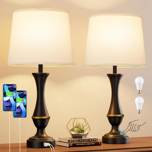 Vista 8 de Seealle - Juego de 2 lámparas táctiles mejoradas para mesitas de noche - Lámparas de noche con USB C+A, iluminación regulable de 3 niveles