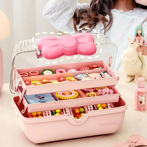Vista 3 de Caja organizadora de accesorios para el cabello, caja de almacenamiento portátil de 3 capas, caja de herramientas de plástico multifuncional