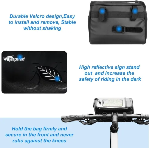 Vista 6 de WOTOW Bolsa de Manillar Impermeable para Bicicleta, Bolsa de Cesta Frontal con Soporte para Teléfono de Pantalla Táctil, Bolsa de Almacenamiento