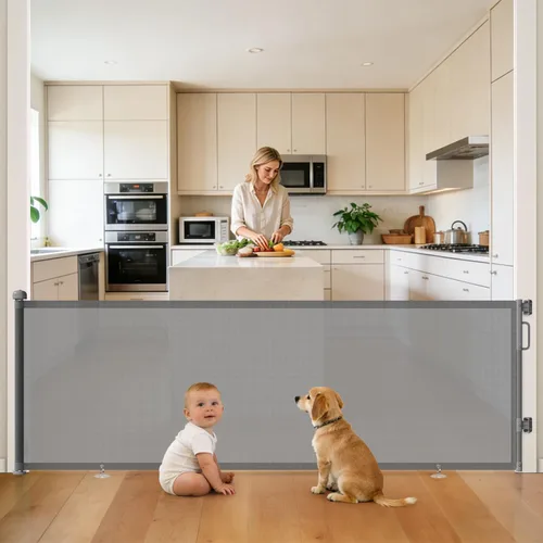Vista 18 de Puertas de malla retráctiles para bebés y mascotas; para escalera, pasillos, terraza, porche, interiores y exteriores; elementos de seguridad; Beige