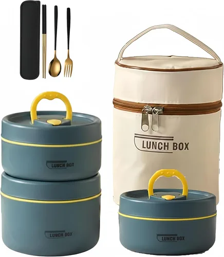 Vista 12 de Juego de recipientes de almuerzo aislados portátiles, contenedor de almuerzo de acero inoxidable apilable de 2/3/4 niveles separado con bolsa