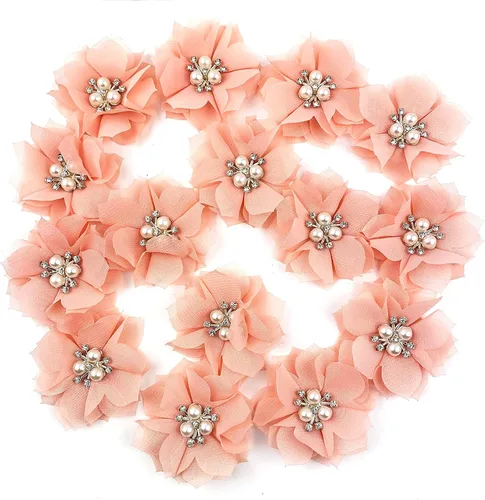 Vista 13 de Heyiwell 15 lazos de flores de tela de gasa, cuentas de diamantes de imitación, centro de racimo para bricolaje, clip para el cabello, apliques