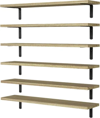 Vista 8 de WOPITUES Juego de 6 estantes flotantes de madera, estantes para decoración de pared, estante de granja para dormitorio, estantes de almacenamiento