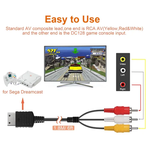 Vista 4 de Cable de alimentación y cable AV para Dreamcast, fuente de alimentación de 2 clavijas y cable de audio y video RCA AV compatible con consola CC Sega