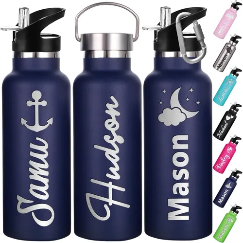 Vista 11 de Botellas de agua personalizadas con tapa de popote de 12/26 onzas con nombre grabado, logotipo, botella aislada personalizada, botellas de agua