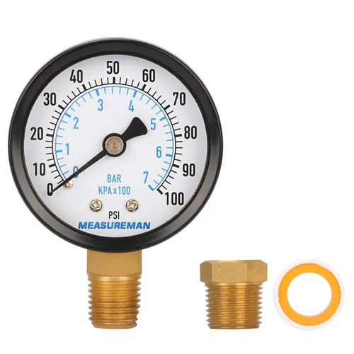Vista 3 de MEASUREMAN Medidor de presión de pozo de 2 pulgadas, 0-100 psi/bar, macho NPT de 1/4 pulgadas con adaptador NPT de 1/2 pulgadas, precisión de 3-2-3%