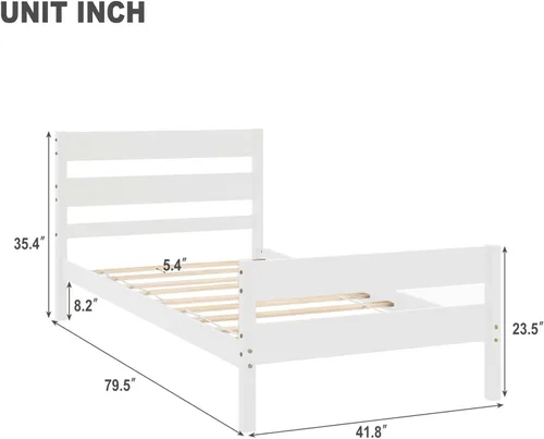 Vista 2 de Base de cama de plataforma de madera de tamaño individual con cabecera y estribo de estilo moderno, marco de cama de madera con patas de soporte