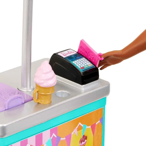Vista 3 de Barbie Juego y 2 muñecas con más de 20 accesorios, juego de paseo marítimo de playa, incluye soporte para aperitivos, quiosco de helado, cachorro