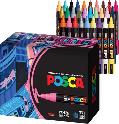Uni Posca - Marcadores de pintura de 5M, marcadores acrílicos medianos con puntas reversibles, recomendados por artistas para regalos, decoraciones,