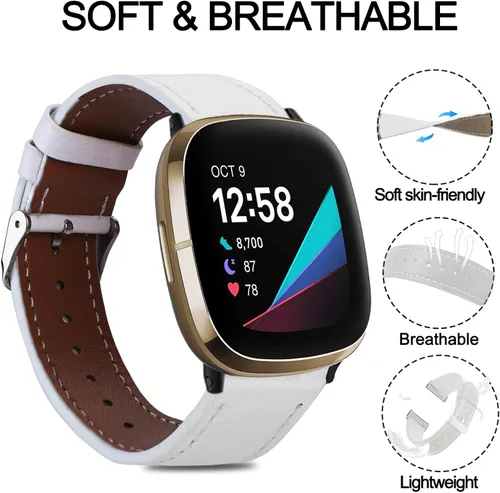 Vista 3 de Leather Bands Compatible with Fitbit Versa 3/Fitbit Sense Watch Bands for Women Men, Soft Leather Adjustable Replacement wristband for Versa 3/Sense