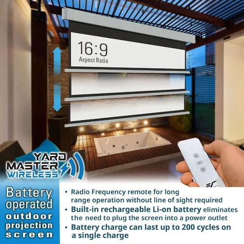 Vista 7 de Elite Screens Yard Master Wireless, 125 pulgadas Diag. Pantalla de proyector motorizada para exteriores 16:9, batería de iones de litio recargable