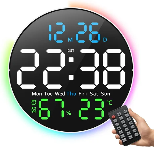 Vista 7 de Reloj de pared digital, pantalla LED grande de 10 pulgadas, reloj digital con luz RGB, control remoto, atenuador de brillo automático con luces